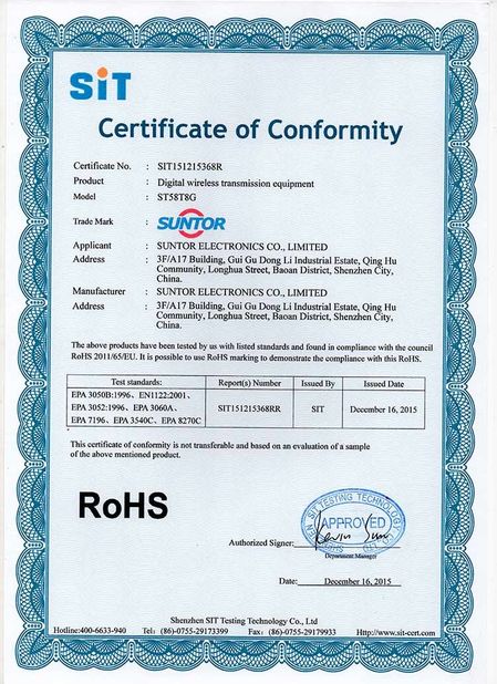 Chiny SUNTOR ELECTRONICS CO.,LIMITED Certyfikaty